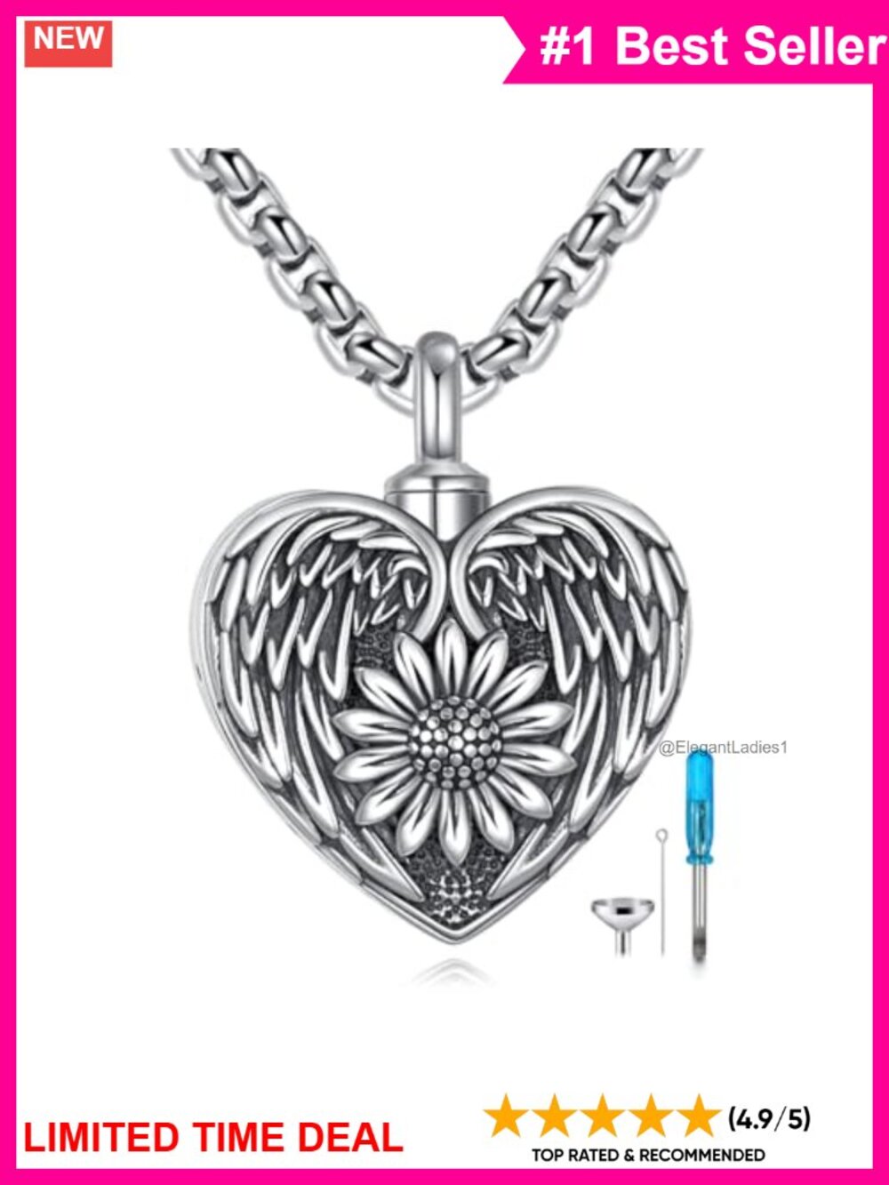 Sterling Silver Angel Wings Urn Necklace Sunflower Pendant Memorial Jewelry